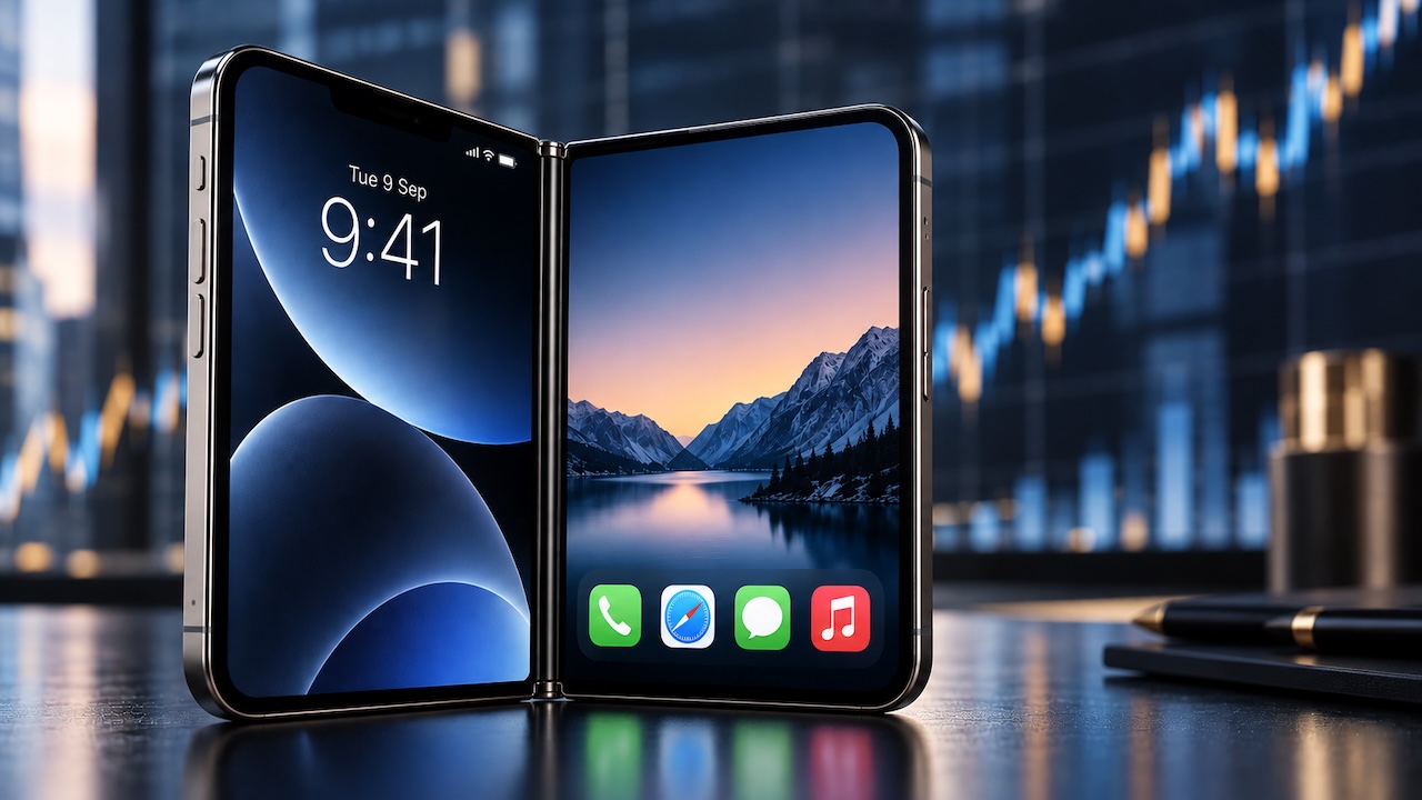 Nahaufnahme des aufgeklappten iPhone Duo vor einem stilisierten Aktienkurs-Chart