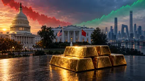 Montage aus US-Kapitol, Peking-Skyline und Weißem Haus mit Goldbarren und geteilter Kursfläche