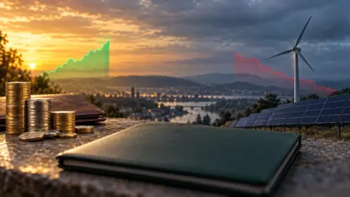Symbolische Montage aus Münzstapel, Windturbine, Solarpanels und Kurvenverläufen zur Fondsauflösung