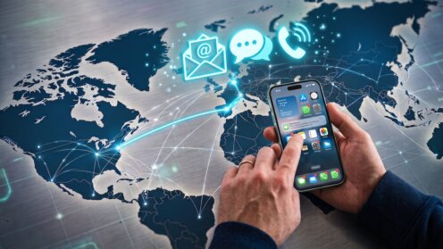 Alt-Text: Hände im Vordergrund bedienen ein modernes Smartphone vor dem Hintergrund einer digital stilisierten Weltkarte. Über Nordamerika und Europa leuchten blaue, holografische Symbole für E-Mail, Chat und Telefonie, verbunden durch weltweite digitale Daten- und Netzwerklinien.