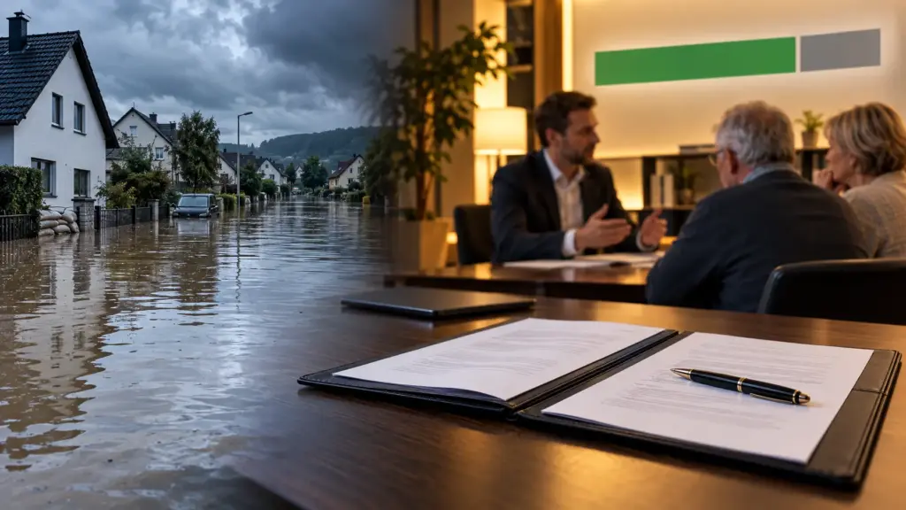 Montage aus überfluteter Wohnstraße und Makler im Beratungsgespräch mit Vertragsunterlagen.