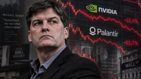 Michael Burry im Porträt vor fallenden Aktiencharts mit Nvidia- und Palantir-Kurslinien im Hintergrund