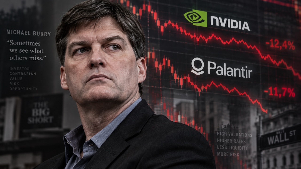 Michael Burry im Porträt vor fallenden Aktiencharts mit Nvidia- und Palantir-Kurslinien im Hintergrund