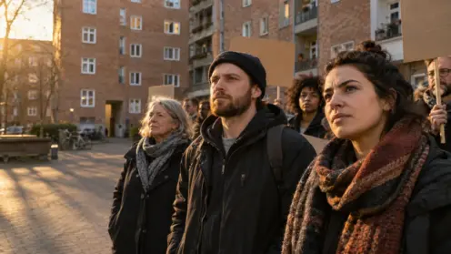 Mieterinnen und Mieter stehen mit Protestschildern im Hof eines Berliner Wohnblocks im Abendlicht.