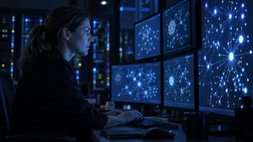 Ermittlerin im Profil vor leuchtenden Netzwerk-Monitoren in einem nächtlichen Cybercrime-Kontrollraum.