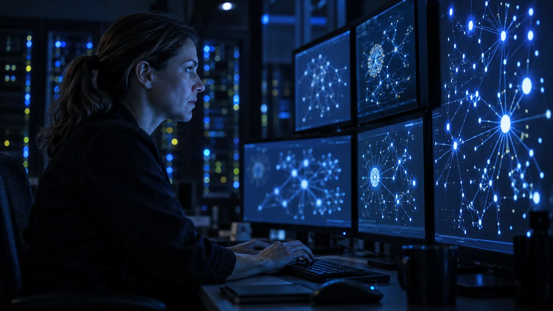 Ermittlerin im Profil vor leuchtenden Netzwerk-Monitoren in einem nächtlichen Cybercrime-Kontrollraum.