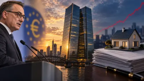 Montage mit Bundesbankpräsident Nagel, den EZB-Türmen in Frankfurt und Kreditunterlagen mit Hausmodell vor einer steigenden Zinskurve.