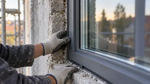 Handwerker setzt ein modernes Fenster in eine verwitterte graue Betonfassade aus den 1970er-Jahren ein.