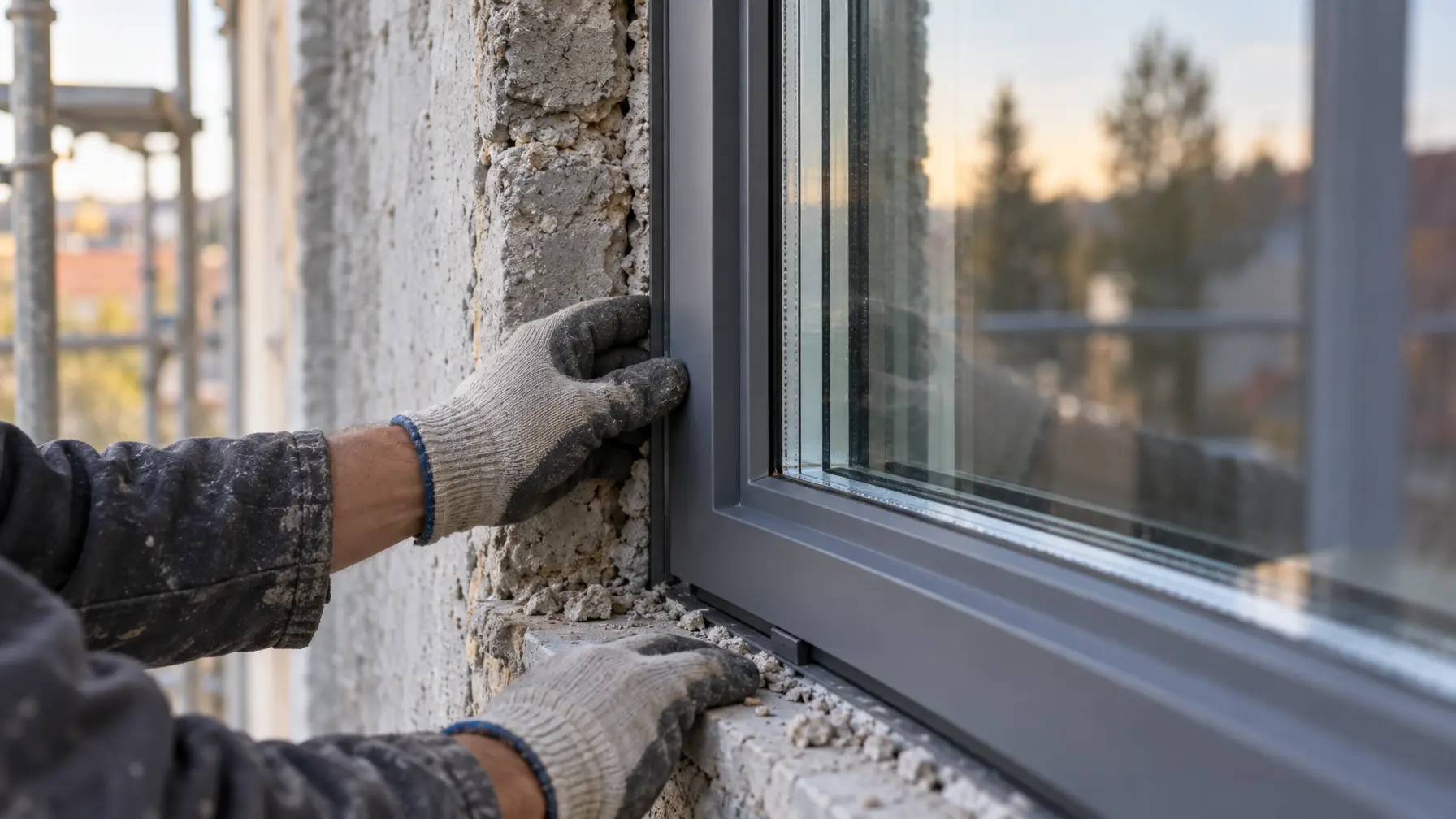 Handwerker setzt ein modernes Fenster in eine verwitterte graue Betonfassade aus den 1970er-Jahren ein.