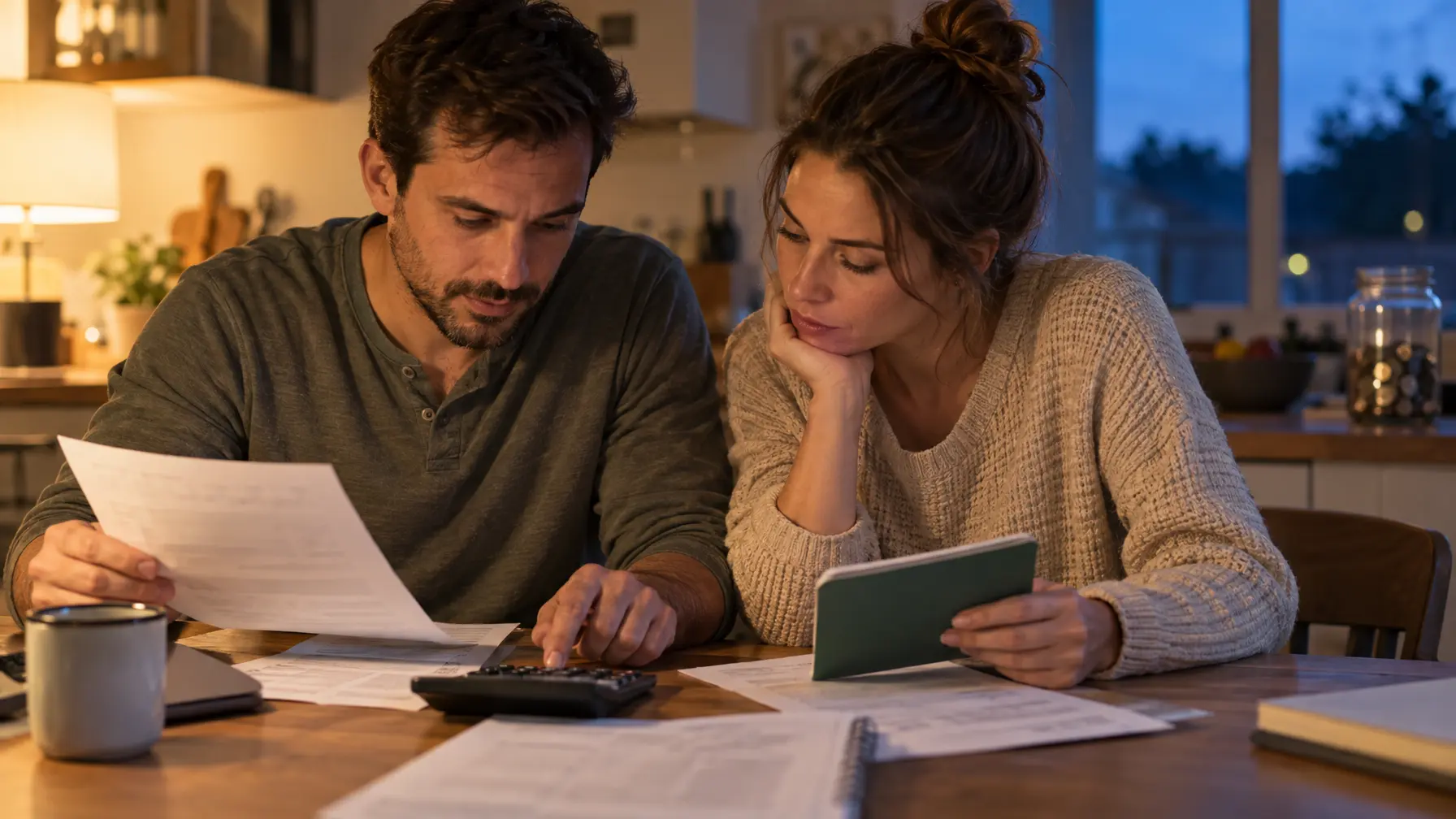Junges Paar sitzt abends am Küchentisch und prüft Kontoauszüge und Sparbuch im warmen Lampenlicht.
