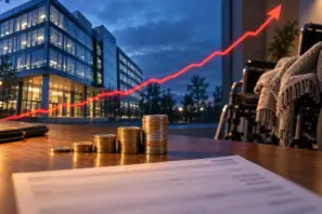 Symbolische Montage aus Bürogebäude, Münzstapel, Rollstuhl und roter Kostenkurve zur Pflegereform.