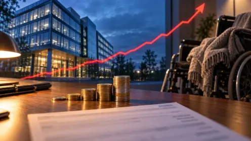 Symbolische Montage aus Bürogebäude, Münzstapel, Rollstuhl und roter Kostenkurve zur Pflegereform.