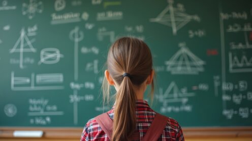 Schülerin von hinten, steht vor einer Schultafel mit Mathe-Formeln