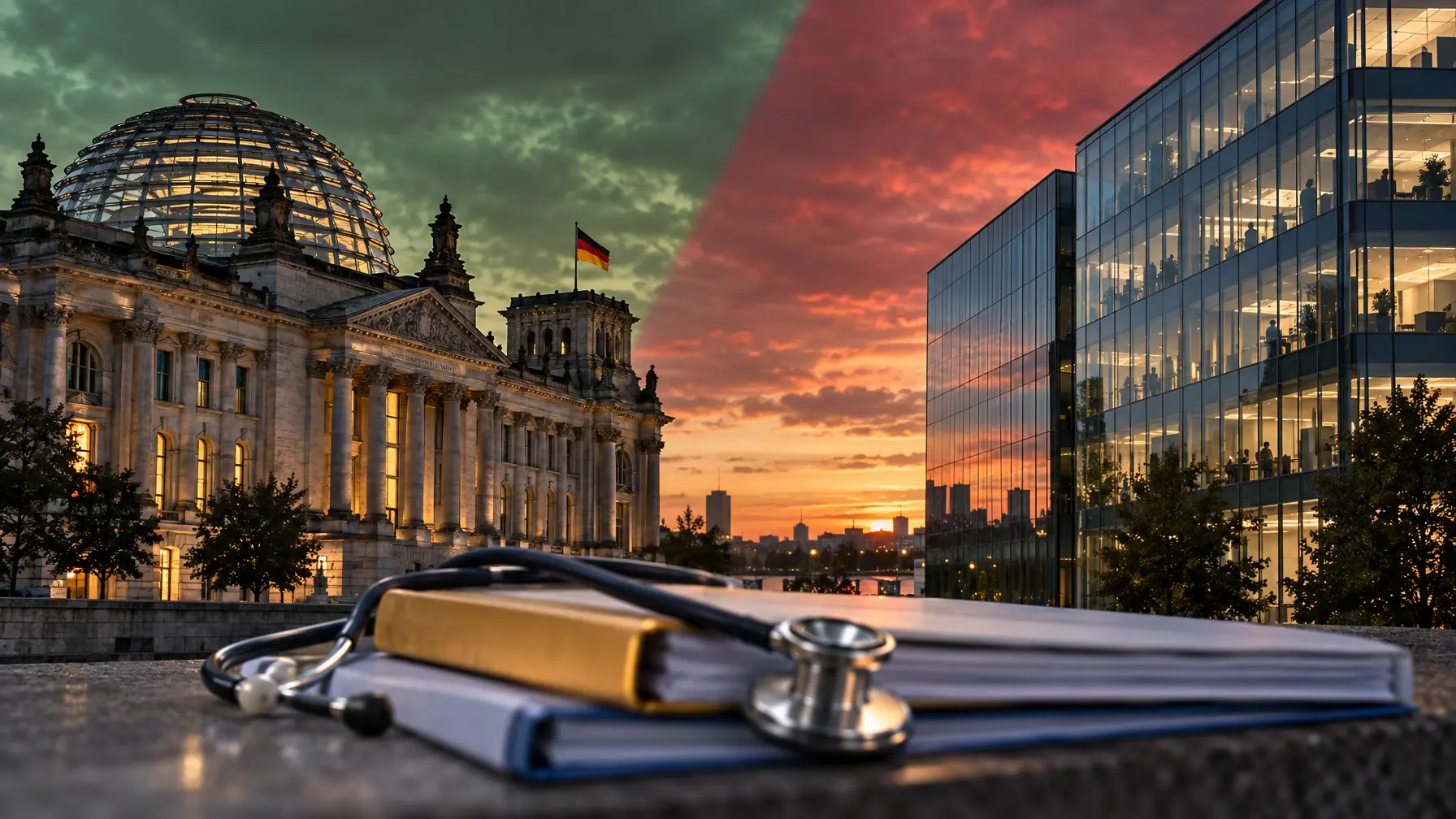 Symbolische Gebäude-Montage: Reichstag und eine Versicherungs-Bürofassade, dazwischen ein Stethoskop auf Vertragsordnern