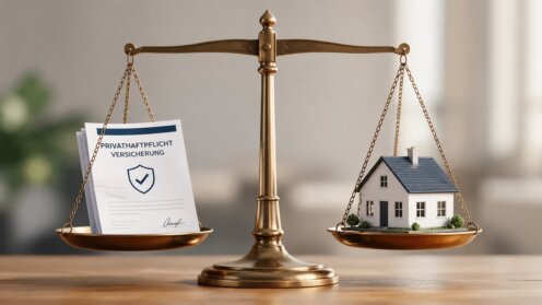 PHV-Rating 2026: Waage mit Versicherungspolice und Haus als Symbol für Tarifvergleich der Privathaftpflicht.