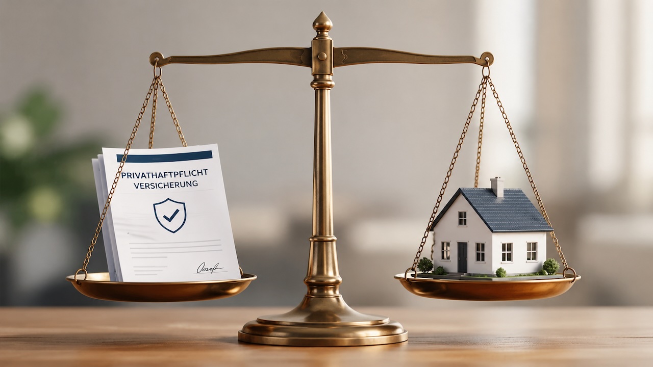 PHV-Rating 2026: Waage mit Versicherungspolice und Haus als Symbol für Tarifvergleich der Privathaftpflicht.