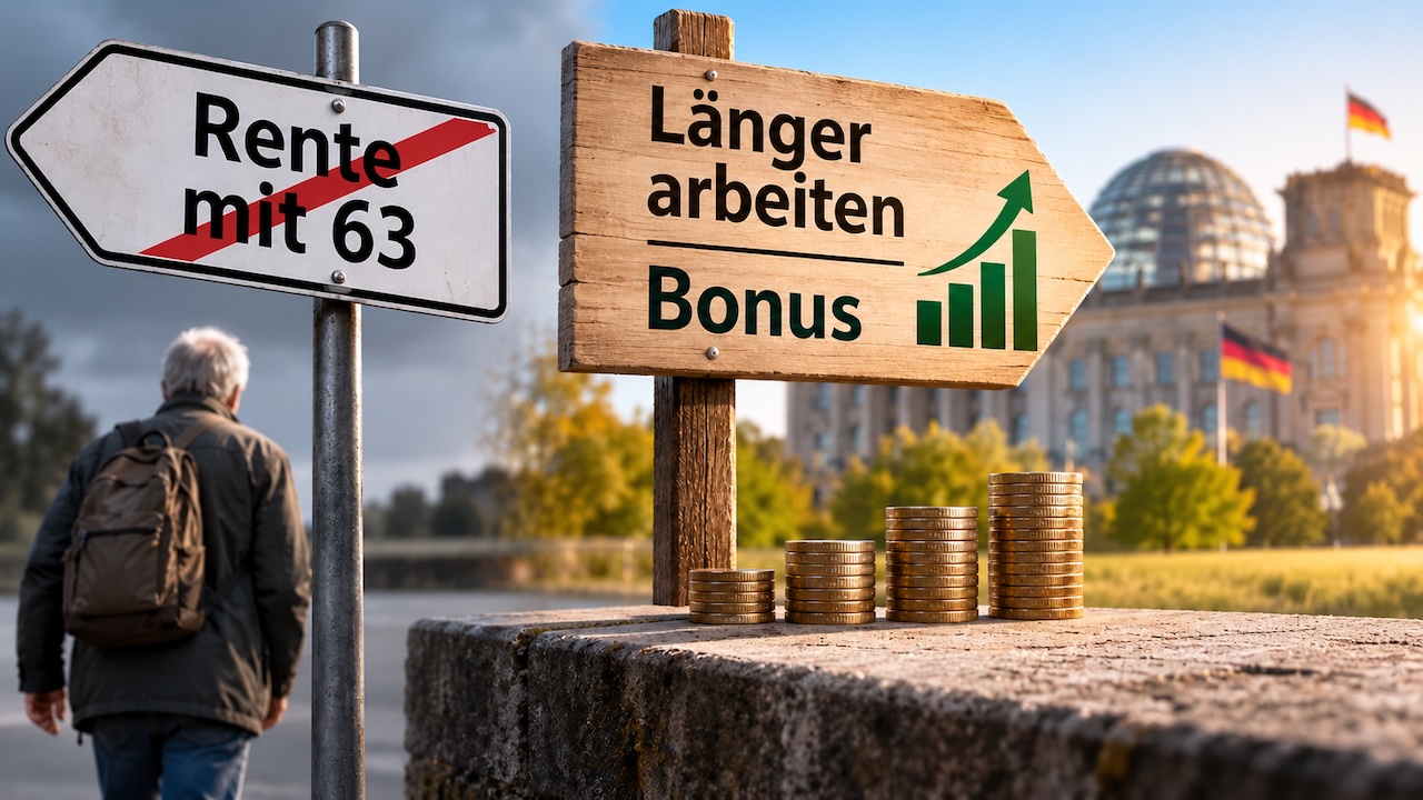 Wegweiser zur „Rente mit 63“ und zum Bonus für längeres Arbeiten vor dem Reichstagsgebäude, daneben steigende Münzstapel.