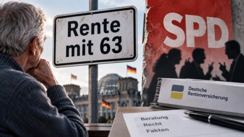 Älterer Mann blickt auf ein Schild „Rente mit 63“, daneben SPD-Symbolik und Unterlagen der Deutschen Rentenversicherung vor dem Reichstagsgebäude.