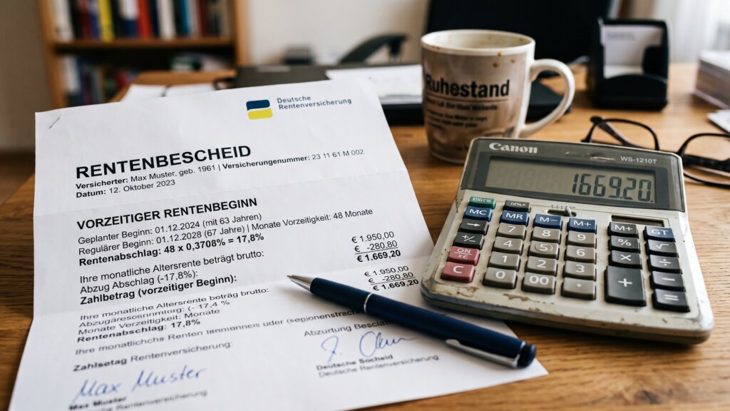 Nahaufnahme eines Rentenbescheids neben einem Taschenrechner auf einem Schreibtisch, symbolisiert die Berechnung von Rentenabschlägen bei vorzeitigem Rentenbeginn.