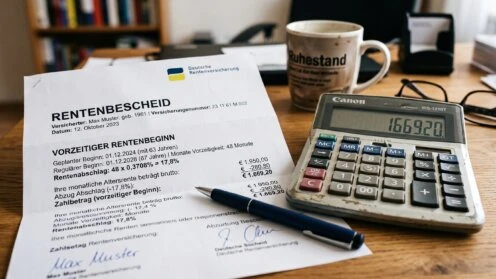 Nahaufnahme eines Rentenbescheids neben einem Taschenrechner auf einem Schreibtisch, symbolisiert die Berechnung von Rentenabschlägen bei vorzeitigem Rentenbeginn.