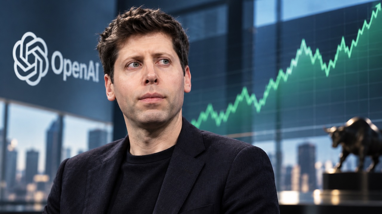 Porträt von OpenAI-Chef Sam Altman vor einem stilisierten Börsenkurs-Chart, Symbolbild für die verschobene Börsennotierung des KI-Unternehmens.