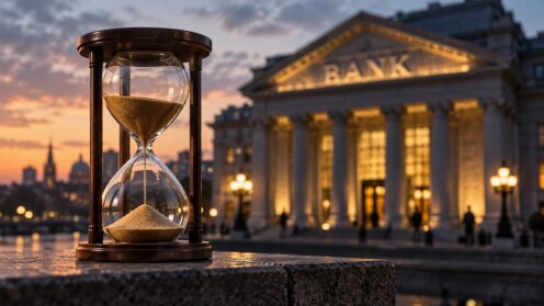 Eine Sanduhr steht scharf im Vordergrund vor der unscharfen, beleuchteten Silhouette eines Bankgebäudes bei Dämmerung.