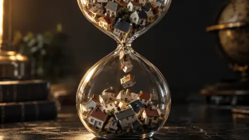 Eine Sanduhr, durch die statt Sand kleine Modellhäuser rieseln, als Sinnbild für den langsamen Generationenwechsel am Immobilienmarkt.