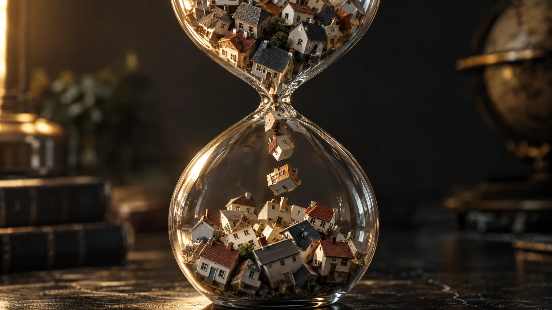 Eine Sanduhr, durch die statt Sand kleine Modellhäuser rieseln, als Sinnbild für den langsamen Generationenwechsel am Immobilienmarkt.