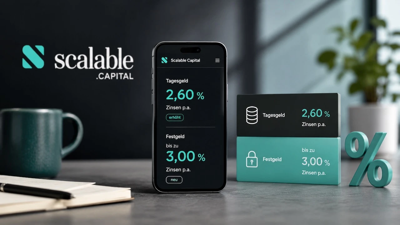 Smartphone mit Scalable-Capital-Anzeige für Tagesgeld und Festgeld sowie Zinssätzen von 2,60 und 3,00 Prozent.