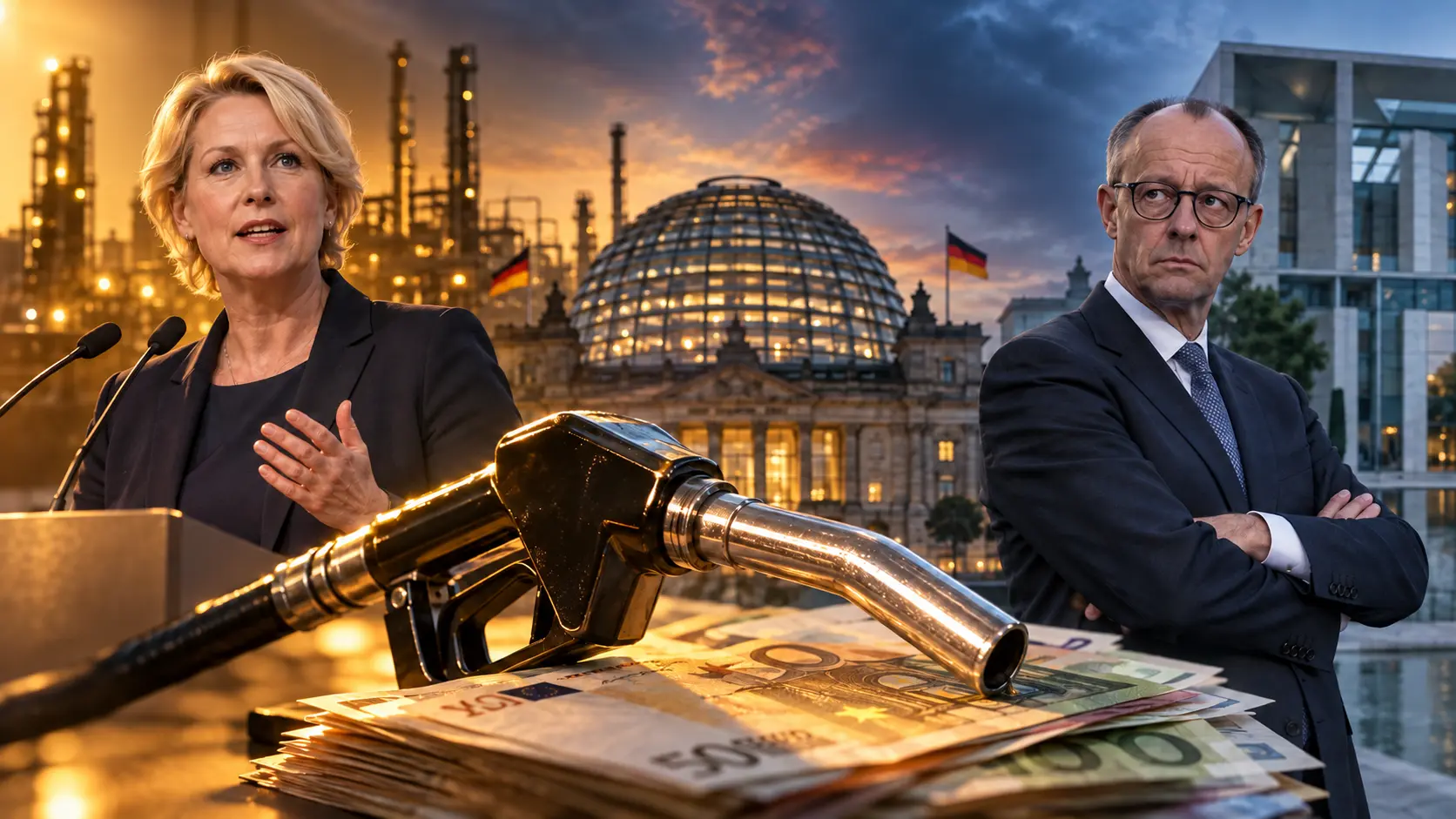 Montage zeigt Manuela Schwesig und Friedrich Merz beidseitig, dazwischen die Reichstagskuppel und eine Zapfpistole auf Geldscheinen.