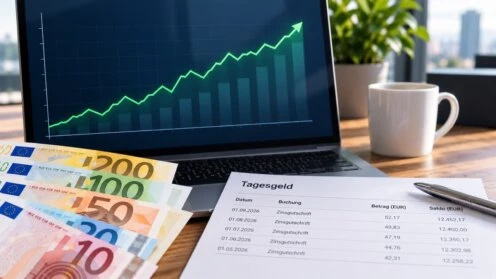 Digitale Zinsanzeige mit steigendem Chart neben Euro-Banknoten und einem Tagesgeldkonto-Auszug.