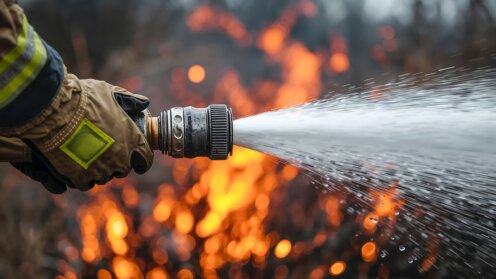 Hand mit Feuerhandschuh und Löschschlauch. Im Hintergrund verschwommen ein Feuer.