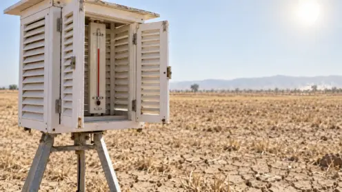 Weiße Wetterhütte mit Thermometer auf trockenem Feld in flirrender Mittagshitze.