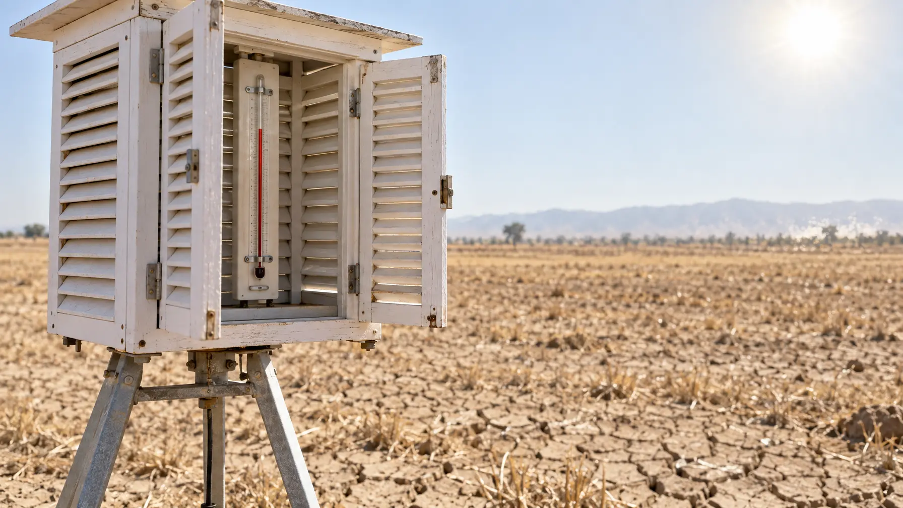 Weiße Wetterhütte mit Thermometer auf trockenem Feld in flirrender Mittagshitze.