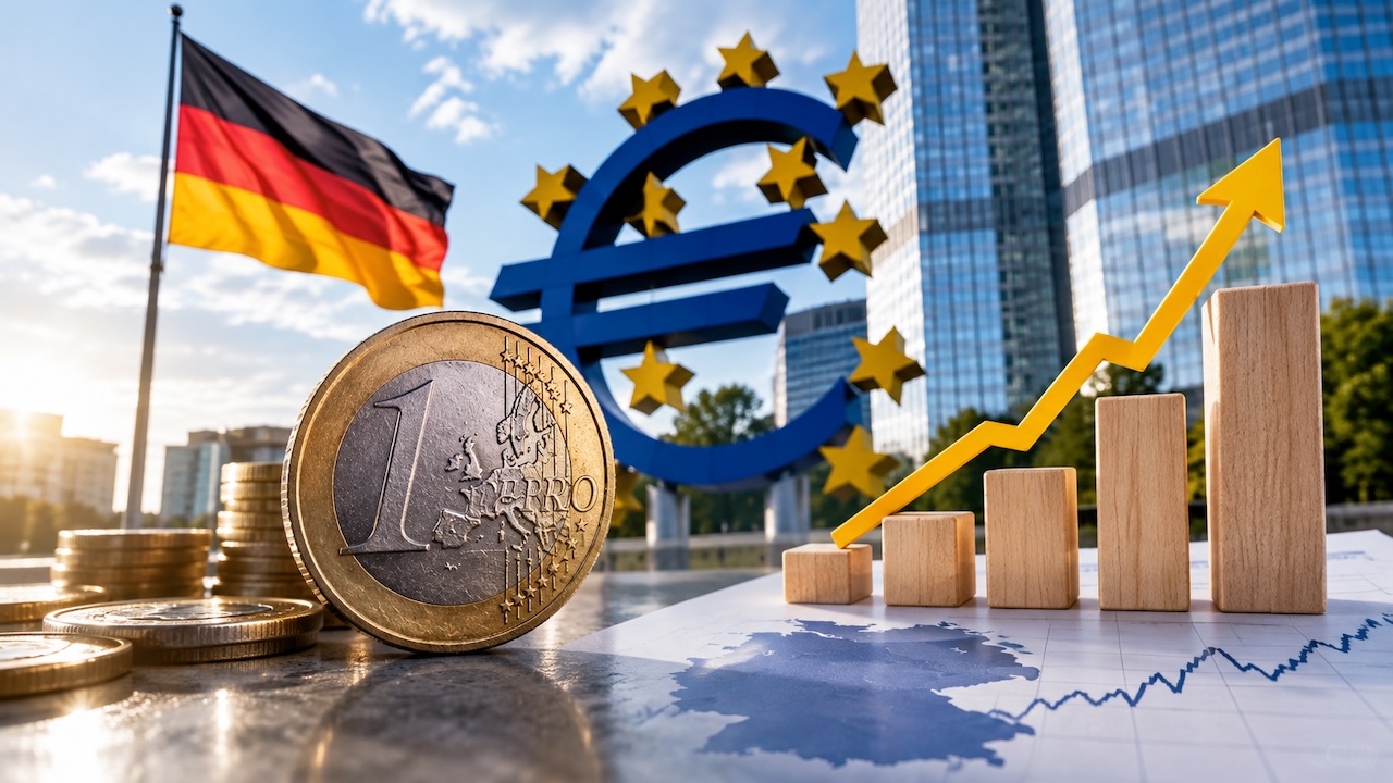 Deutsche Flagge, Euro-Münze und Euro-Symbol vor Hochhäusern mit steigenden Balken und Wachstumspfeil als Symbol für die deutsche Konjunktur.