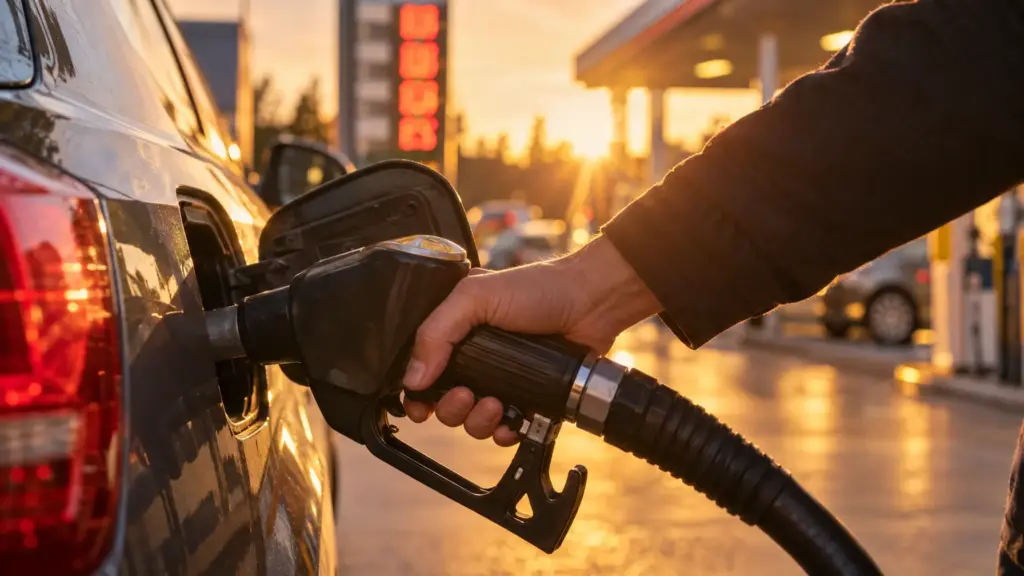 Nahaufnahme einer Hand mit Zapfpistole am Auto im warmen Gegenlicht einer Tankstelle