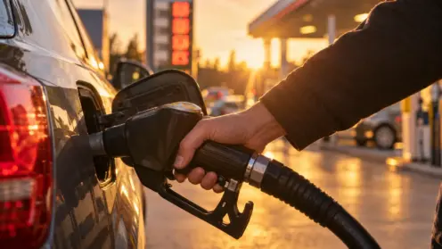 Nahaufnahme einer Hand mit Zapfpistole am Auto im warmen Gegenlicht einer Tankstelle