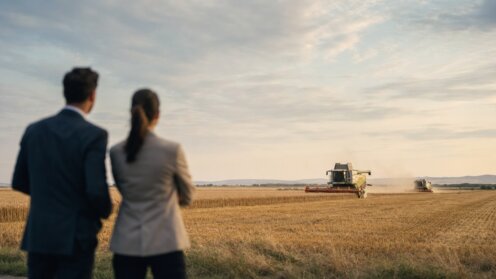 Zwei unscharfe Manager in Businesskleidung stehen im Vordergrund und schauen auf ein Feld, auf dem zwei Mähdrescher bei der Ernte arbeiten.