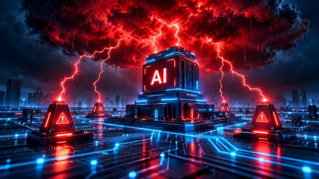 Dystopisches KI-Mainframe-System mit roten Blitzen und Sicherheitswarnmeldungen