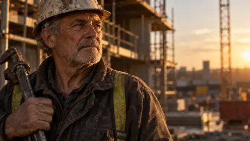 Älterer Bauarbeiter mit Helm und Werkzeug auf einer Baustelle im warmen Abendlicht.