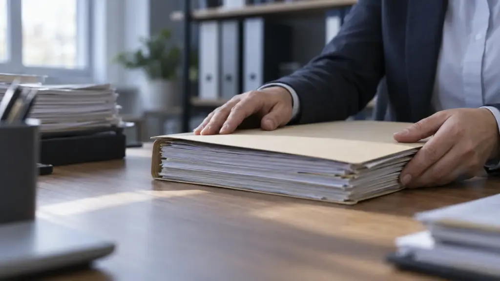 Hände schließen einen Papierordner mit Fusionsunterlagen in einem Büro mit seitlichem Fensterlicht.