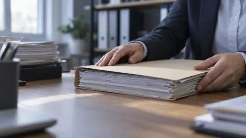 Hände schließen einen Papierordner mit Fusionsunterlagen in einem Büro mit seitlichem Fensterlicht.