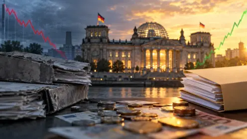 Montage aus altem und neuem Vorsorgeordner vor dem beleuchteten Reichstagsgebäude in Berlin.