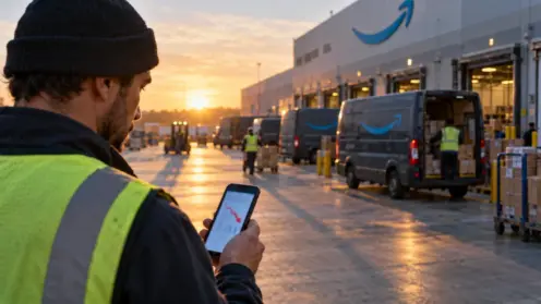 Mitarbeiter vor einem Amazon-Logistikzentrum im Morgenlicht blickt auf ein Smartphone mit rotem Kurspfeil.