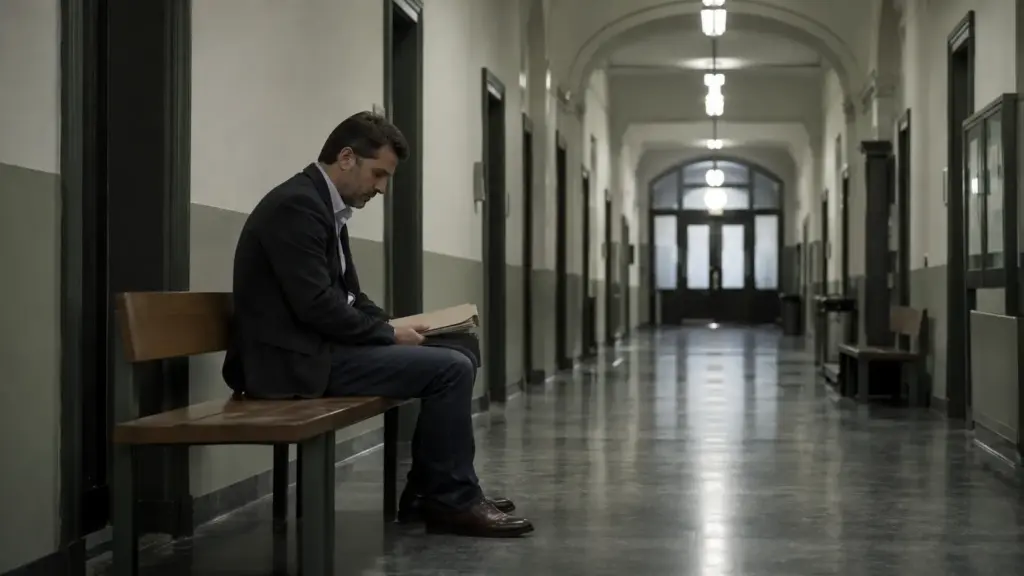 Ein Mann sitzt mit einem Insolvenzordner auf einer Bank im Flur eines Amtsgerichts.
