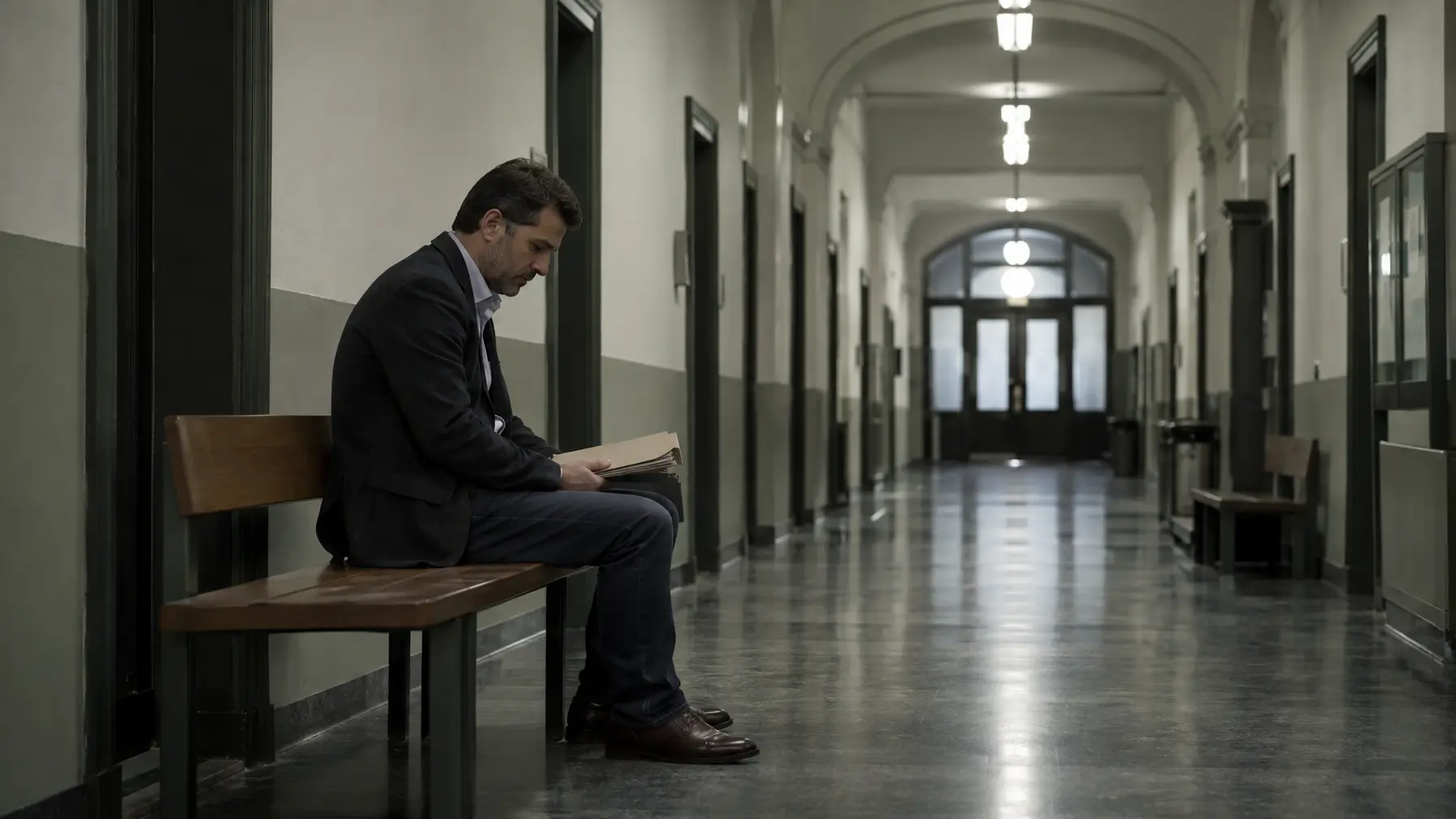 Ein Mann sitzt mit einem Insolvenzordner auf einer Bank im Flur eines Amtsgerichts.