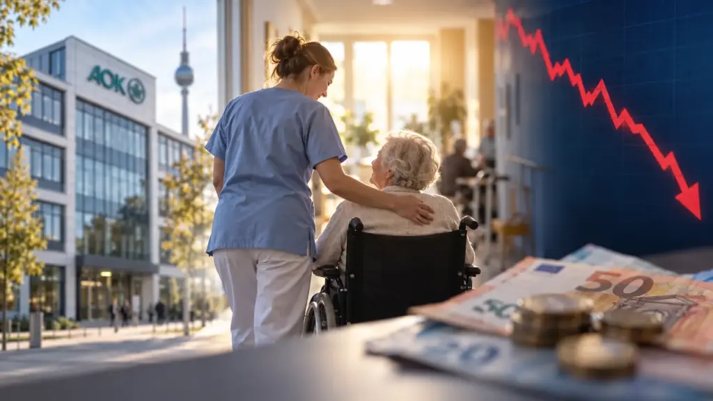 Montage aus AOK-Gebäude, Pflegekraft mit Seniorin im Rollstuhl und einer fallenden roten Finanzkurve.