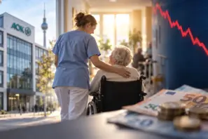 Montage aus AOK-Gebäude, Pflegekraft mit Seniorin im Rollstuhl und einer fallenden roten Finanzkurve.