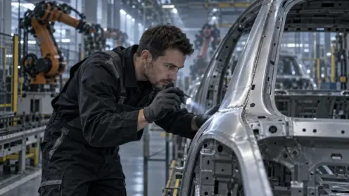 Arbeiter prüft konzentriert eine Karosserie in einer Automobil-Fertigungshalle, im Hintergrund stehen Roboterarme still.