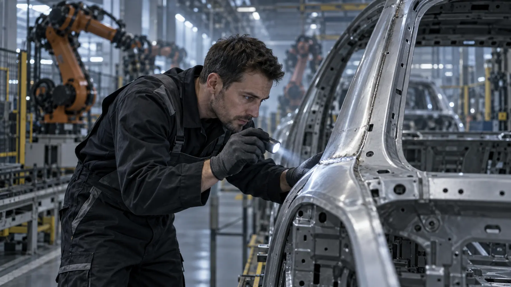 Arbeiter prüft konzentriert eine Karosserie in einer Automobil-Fertigungshalle, im Hintergrund stehen Roboterarme still.